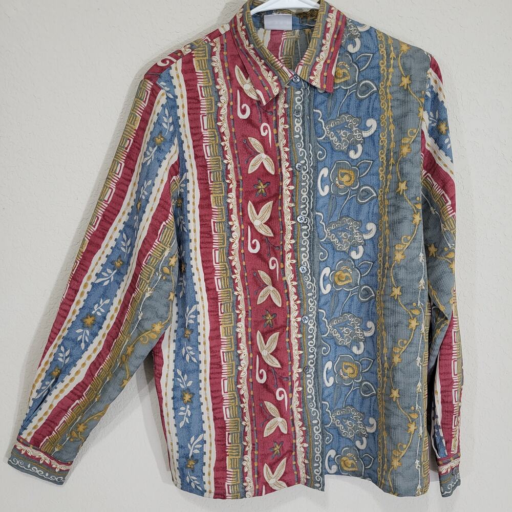 Vintage Shirt Koret Womens 10 Medium Button Up Long Sleeve Casual Floral Stripe